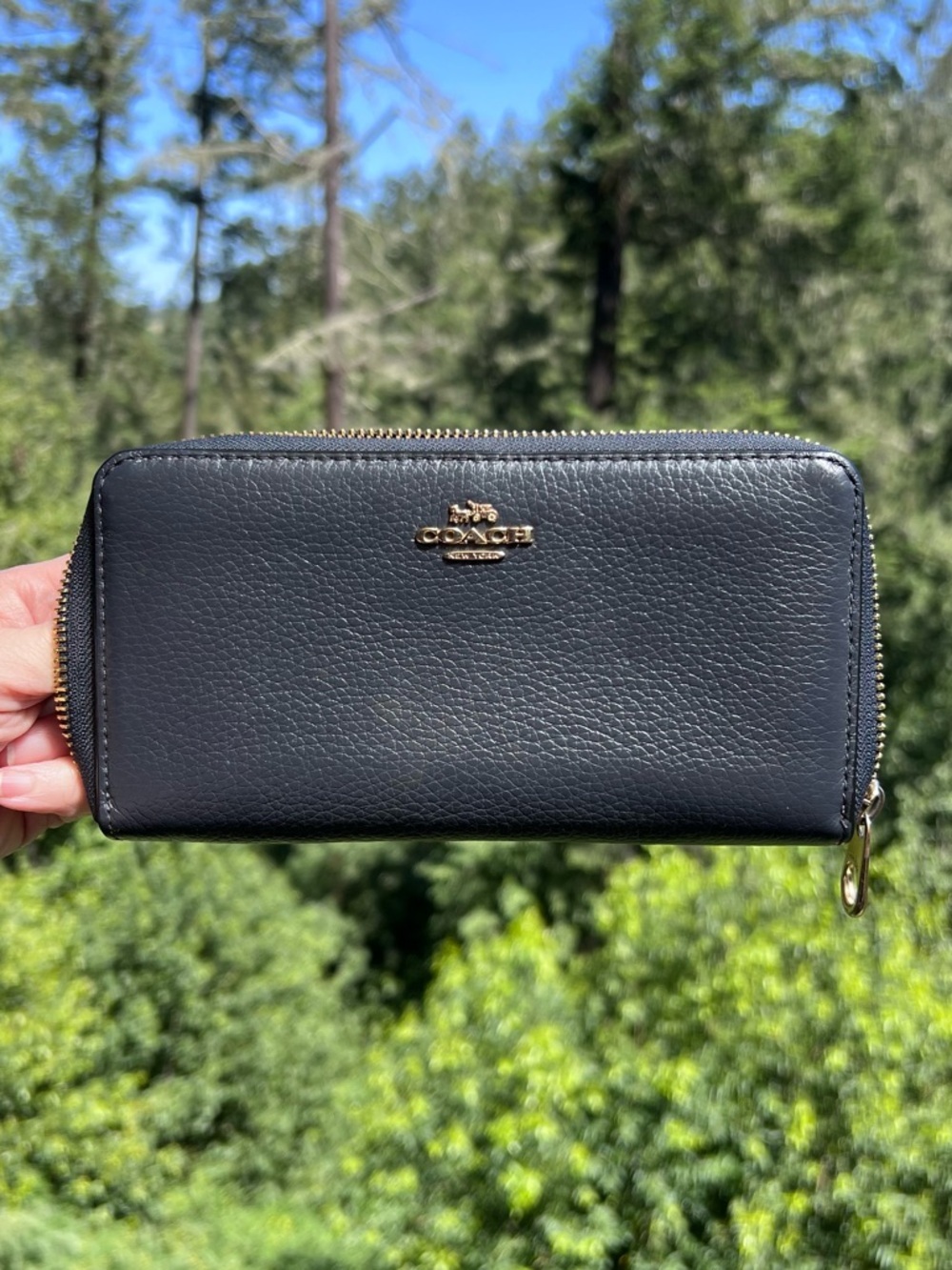 COACH Long Zip-Around Wallet Navy Pebble Leather w Gold Hardware AUTHENTIC